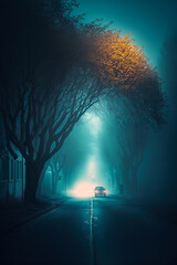 Suburban street at night, blue fog, car, vertical. Generative AI