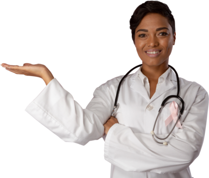 Nurse wearing breast cancer awareness pink ribbon introduce on white background - Powered by Adobe