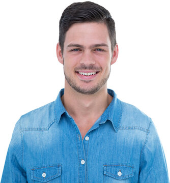 Man wearing denim shirt over white background
