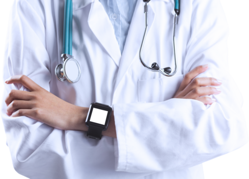 Close up of asian doctor showing her smart watch - Powered by Adobe