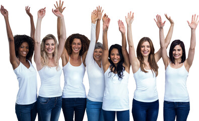 Happy multiethnic women standing with their hands raised