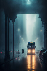 Figure walking down city street at night, fog, bus, vertical. Generative AI