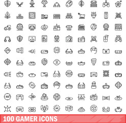 100 gamer icons set. Outline illustration of 100 gamer icons vector set isolated on white background