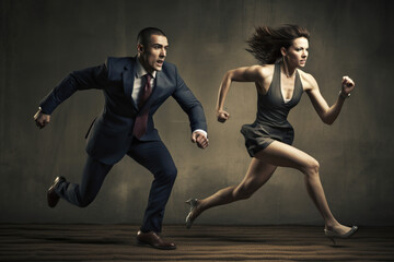 Businessman and businesswoman running in front of a dark grey wall, Generative AI