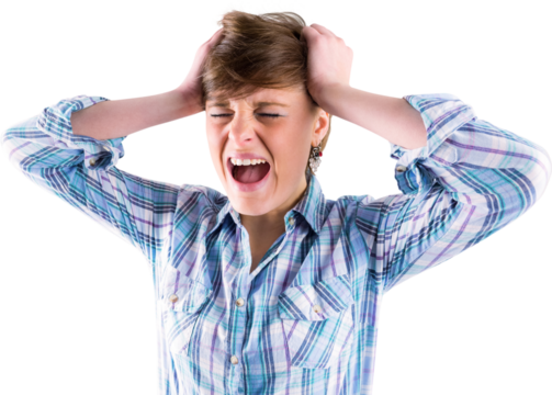 Pretty brunette shouting with hands on head