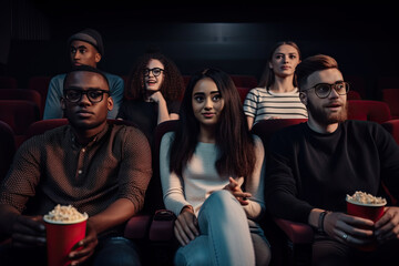 multiethnic group of friends watching movie and eating popcorn in cinema, Generative AI