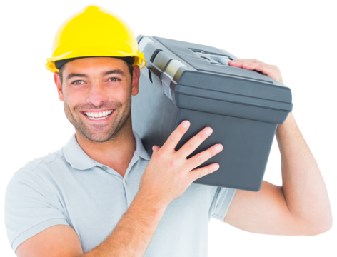 Handsome worker carrying tool box on shoulder