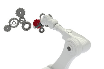Digitally generated image of robotic arm holding red gear