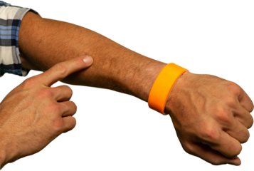 Mid-section of man gesturing on his forearm