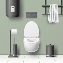 Realistic toilet interior. Minimal design, porcelain toilet bowl, black boiler, heated towel rail and paper holder, 3d isolated objects, modern wc interior, lavatory room, utter vector concept
