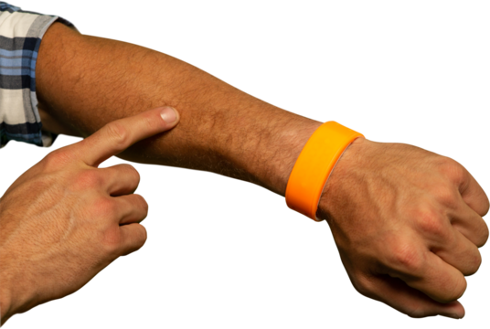 Mid-section of man gesturing on his forearm