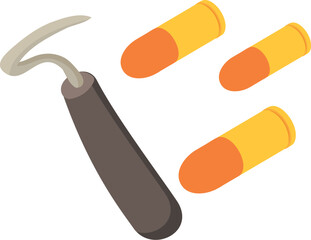 Old west icon isometric vector. New metal hoof pick and three flying bullet icon. Wild west symbol, western