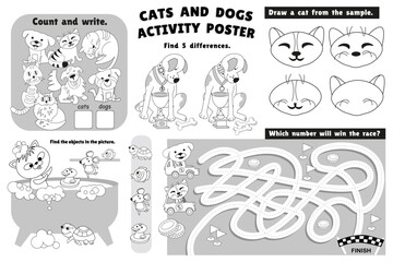 Cats and dogs activity poster. Connect pairs, maze, find differences, write numbers. Coloring page. Black and white games for kids in preschool. Cute cartoon vector characters. 