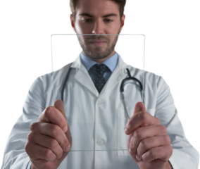 Male doctor using glass digital tablet