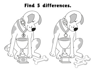 Find 5 hidden differences. Educational puzzle game for children. Cute dog with awards and bone in cartoon style. Black and white vector illustration.