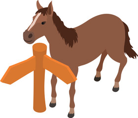 Wildwest icon isometric vector. Standing wild bay horse near wooden road sign. Wild west symbol, western