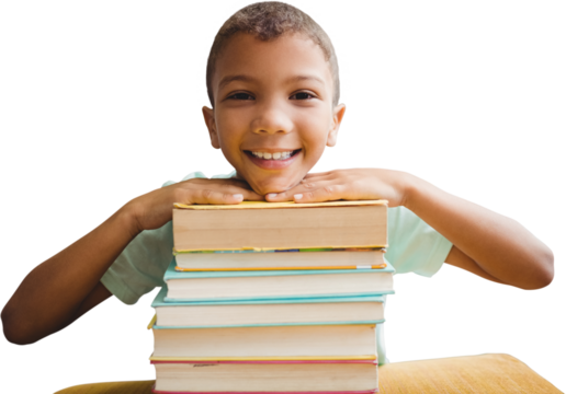 Portrait of boy leaning on stack of books