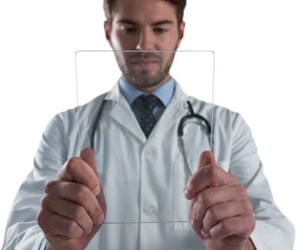 Male doctor using glass digital tablet