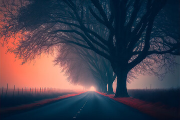 Empty street lined with trees, rural, foggy. Generative AI