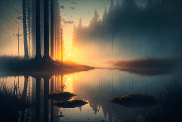 Foggy landscape, water reflection, early morning dawn light. Generative AI