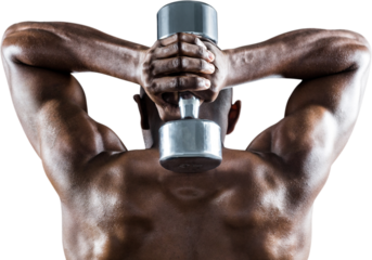 Rear view of muscular man lifting dumbbell behind head
