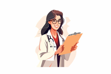 Woman doctor holds a medical record and smile on a white background, vector flat illustration, Medical tests concept, Health сare сoncept. Physician Holding a Clipboard.