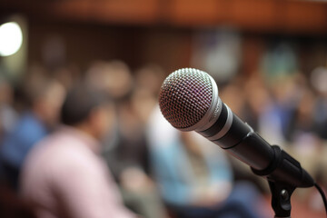 A microphone in front of a conference seminar audience. Generative ai
