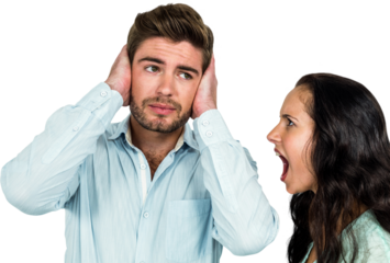 Woman shouting on man covering ears