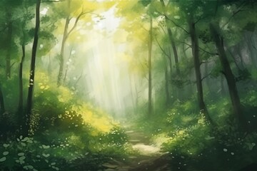 Obraz premium A dreamy forest with lush green foliage, delicate flowers, and soft sunlight filtering through the trees surreal style ethereal mood. Watercolor style. Generated AI.