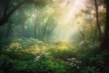 A dreamy forest with lush green foliage, delicate flowers, and soft sunlight filtering through the trees surreal style ethereal mood. Watercolor style. Generated AI.