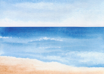 Fototapeta na wymiar Watercolor, abstract, texture illustration of a seascape with sky, clouds and sand. Drawn by hand. For poster, design and decoration.