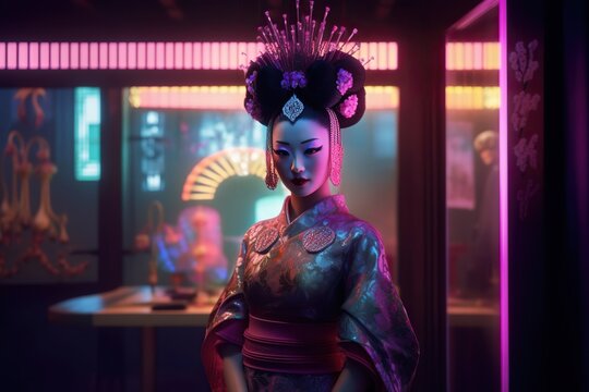 Portrait of fictional, not based on a real person geisha wearing beautiful dress, standing in traditional japanese interior with neon lights. Generative AI