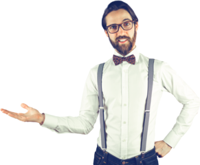 Portrait of man gesturing with hand on hip