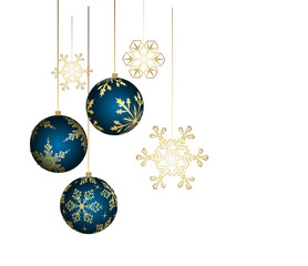 Three blue Christmas balls suspended on a white background