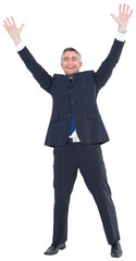 Happy businessman in suit with arms up
