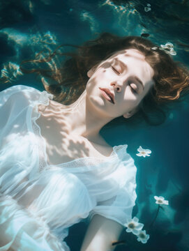 Beautiful woman floating in water with shadows and light over her. Generative AI. 