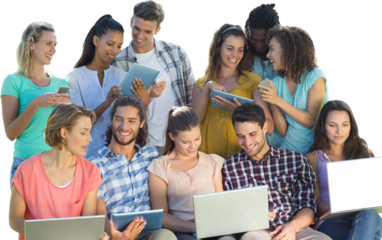 Several students using electronic devices