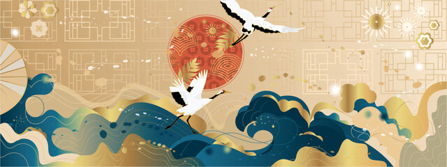 Vector poster with a Japanese theme. Line art style. Abstract art background vector. Japanese cranes.