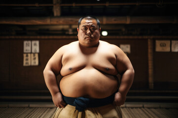 Portrait of sumo wrestler in dohyo looking at camera.  Generative AI. 