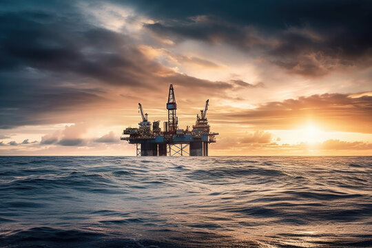 Oil rig at sunset. Generative AI. 