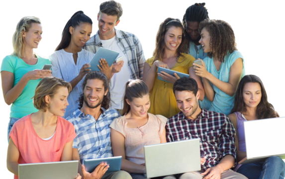 Several students using electronic devices