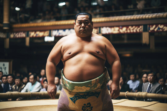 Portrait of sumo wrestler in Dohyo with audience behind him getting ready for a match. Generative AI. 