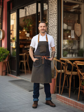 Portrait of mature small business owner and chef standing in front of his restaurant. Generative AI. 