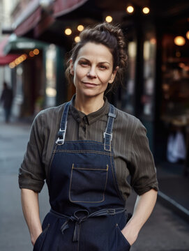 Portrait of mature small business owner woman and chef standing in front of her restaurant wearing an apron on street.  Generative AI. 