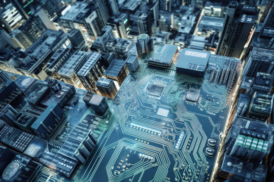 Computer circuit board and computer chips that looks like an urban city. Generative AI. 