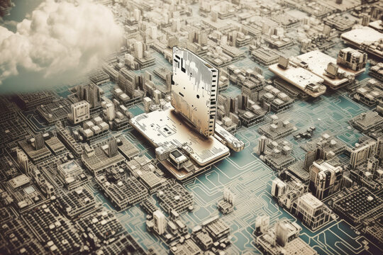 Computer circuit board and chips as a city illustrating cloud computing. Generative AI. 