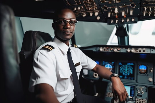 Portrait of Black pilot with serious expression in airplane. Generative AI. 