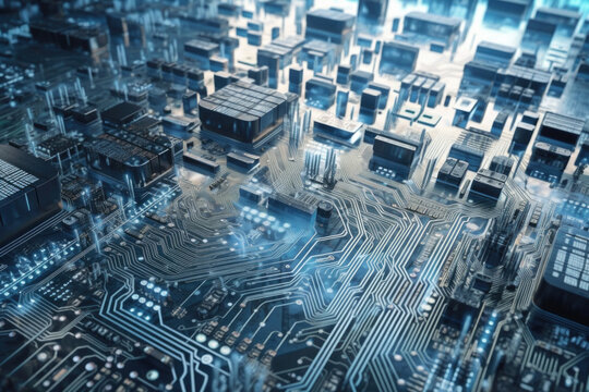Computer circuit board and computer chips laid out like a city. Generative AI. 