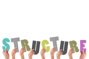 Colorful alphabet spelling structure held up by people 