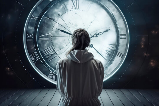 Woman sitting in front of a large clock illustrating passage of time. Future retro. Generative AI. 